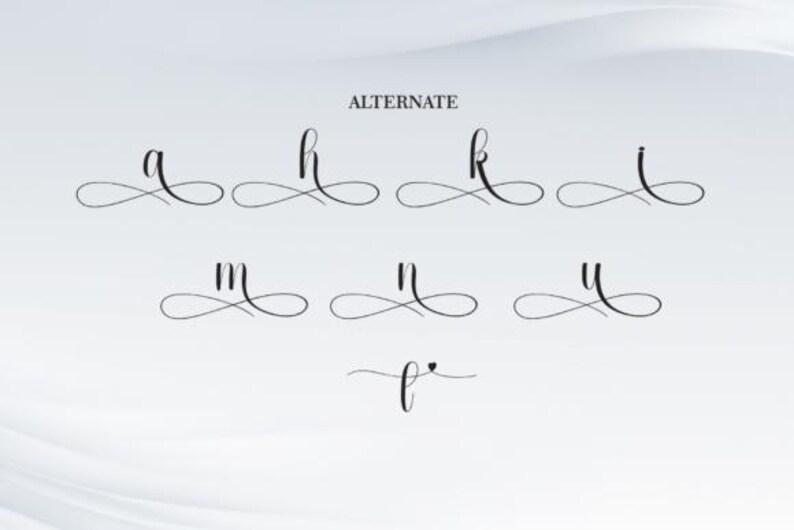 May include: A selection of cursive letter designs, including 'a', 'h', 'k', 'i', 'm', 'n', 'y', and 'f', with decorative flourishes. The word "ALTERNATE" is displayed above the letters. The letters are in a dark colour against a light background.