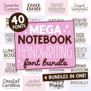 May include: A pink and white graphic advertising a handwriting font bundle. The image shows a central pink rectangle with the text "MEGA NOTEBOOK HANDWRITING font bundle" and a brown circle with "40 FONTS".