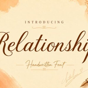 May include: A digital graphic displaying the text INTRODUCING in small brown letters above the word Relationship in a large brown script font. Below this, the text Handwritten Font appears in a smaller script, with a fountain pen in the corner.