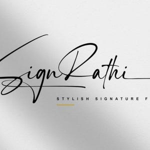 Puede incluir: Elegante diseño de fuente de escritura negra con el nombre "Sign Rathi" y el lema "Stylish Signature Font" sobre un fondo gris claro. La fuente tiene un estilo fluido y manuscrito.