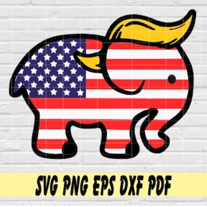 May include: A cartoon elephant with a red, white, and blue American flag pattern. The elephant has a yellow, spiky hairdo. The image is on a white brick background.
