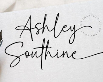 May include: A handwritten font design featuring the text "Ashley Southine" in a black script font. The text is on a white background with a small circle in the top right corner that says "A Romantic Calligraphy Font".