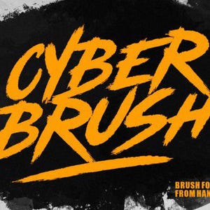 May include: A digital graphic featuring the orange text CYBER BRUSH in a bold, textured brushstroke font style. The text is layered over a large, irregular black ink splatter shape on a light gray background. Includes ESTD 2023 and BRUSH FONT FROM HANSCO STUDIO.