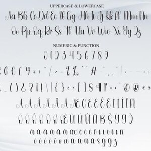 May include: A digital display of a cursive font, showing uppercase and lowercase letters, numbers, and punctuation marks. The font is elegant and suitable for various design projects. The text includes the words "UPPERCASE & LOWERCASE" and "NUMERIC & PUNCTION".