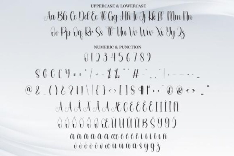 May include: A digital display of a cursive font, showing uppercase and lowercase letters, numbers, and punctuation marks. The font is elegant and suitable for various design projects. The text includes the words "UPPERCASE & LOWERCASE" and "NUMERIC & PUNCTION".