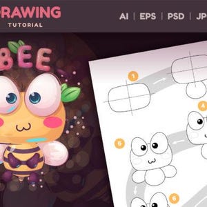 May include: A step-by-step drawing tutorial for creating a cartoon bee. The tutorial shows how to draw the bee's body, wings, eyes, and antennae. The word "BEE" is written in pink, yellow, and blue letters above the bee.