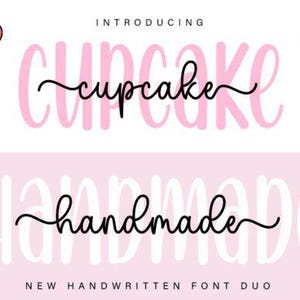 Puede incluir: Un diseño gráfico con la palabra "Cupcake" en rosa, en cursiva, y la palabra "handmade" debajo. El texto está sobre un fondo rosa claro con elementos decorativos como globos y una magdalena.