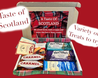 Taste of Scotland Gift Box | Local Scottish Treats Snack Box | Tourist Souvenir | Fudge, Macaroon, Shortbread, Tea, Tunnock’s, Mackie’s |