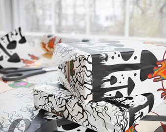 Paddenstoel cadeaupapier trippy inpakpapier in kunststijl voor de feestdagen zoals Kerstmis, verjaardagen, housewarming