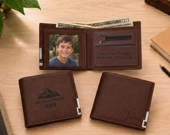 Personalized Engraved Leather Wallet for Teen Boy, Custom Slim Bi-fold Wallet, Boy Birthday Gift, Back to School, Graduation Christmas Gift