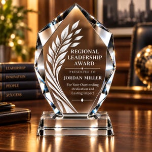 May include: A clear, faceted crystal award plaque featuring a pointed top and a rectangular base. The front surface is etched with a laurel leaf design and the text: REGIONAL LEADERSHIP AWARD, PRESENTED TO JORDAN MILLER, For Your Outstanding Dedication and Lasting Impact.