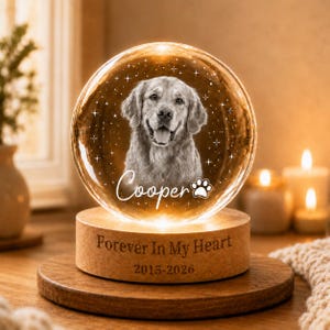 May include: A spherical glass ornament featuring a laser-etched portrait of a golden retriever, the name Cooper, and a paw print. The glass sits on a circular wooden base engraved with the text Forever In My Heart and the years 2015-2026.
