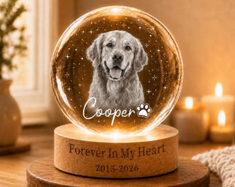 Personalized Pet Memorial Crystal Ball, Custom Dog Cat Name and Dates Night Light, Engraved Text Base, Pet Loss Sympathy Keepsake Gift