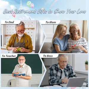 Puede incluir: Un collage de cuatro im&aacute;genes que muestran a diferentes personas recibiendo regalos de jubilaci&oacute;n. La imagen superior izquierda muestra a un hombre con una camisa amarilla sosteniendo un vegetal verde. La imagen superior derecha muestra a una mujer dando un regalo a otra mujer. La imagen inferior izquierda muestra a un hombre con una camisa blanca escribiendo en un cuaderno. La imagen inferior derecha muestra a un hombre con una camisa a cuadros usando una computadora port&aacute;til.