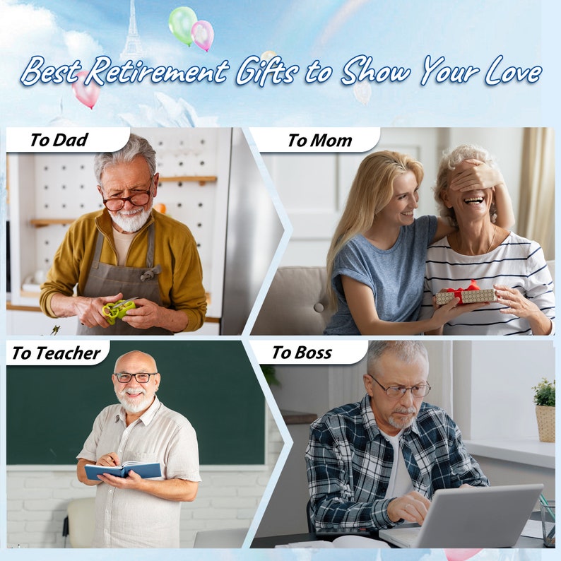 Puede incluir: Un collage de cuatro im&aacute;genes que muestran a diferentes personas recibiendo regalos de jubilaci&oacute;n. La imagen superior izquierda muestra a un hombre con una camisa amarilla sosteniendo un vegetal verde. La imagen superior derecha muestra a una mujer dando un regalo a otra mujer. La imagen inferior izquierda muestra a un hombre con una camisa blanca escribiendo en un cuaderno. La imagen inferior derecha muestra a un hombre con una camisa a cuadros usando una computadora port&aacute;til.