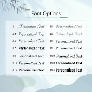 Puede incluir: Un gr&aacute;fico con 14 opciones de fuente diferentes para texto personalizado. Cada fuente est&aacute; numerada y etiquetada como "Texto personalizado".