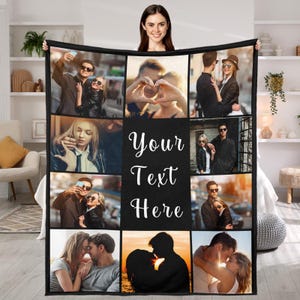 May include: A personalized photo blanket featuring a collage of nine images, with a central black panel that reads "Your Text Here" in white script. The blanket is held up by a person.