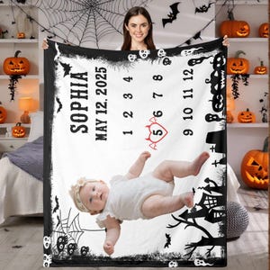 Couverture d&#39;anniversaire photo nouveau-né personnalisée, cadeau de premier anniversaire personnalisé pour bébé, couverture d&#39;anniversaire d&#39;Halloween pour garçons et filles