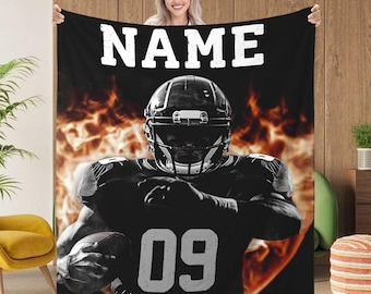 Manta de fútbol personalizada, regalos personalizados de fútbol para niños, papá, esposo, hijo, niños, él, regalos de equipos de fútbol, manta con nombre y número