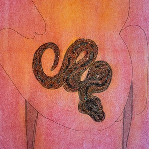May include: A black snake with a glittery texture is curled up inside a red and orange armchair with brown legs.