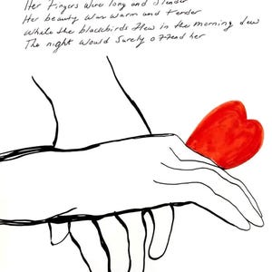 disegno a inchiostro su carta cuore mani poesia opera d'arte originale