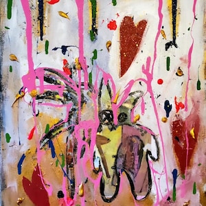 Original art Bunny in June Garden with Love, mixed media painting