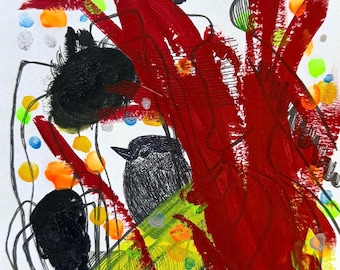 Engel im Garten vor Spinnen und Vogel 23x15cm Mischtechnik auf Papier