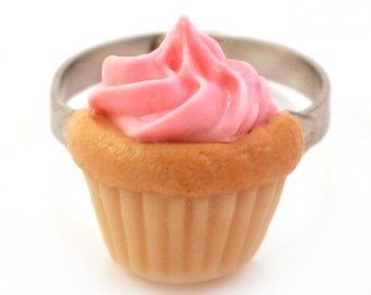 Food Jewelry Scented Birthday Cupcake Ring Freshly Baked Strawberry Muffin Miniature Pink Piped Icing Treat