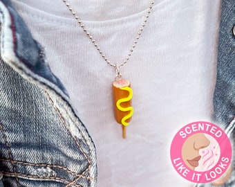 Mini Food Jewelry Corn Dog Necklace, Custom Chic Stylish Trendy Accessories Vintage Fashion Scented Pendant, Realistic State Fair Snack Idea