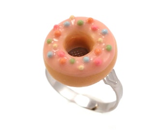 Food Jewelry Scented Strawberry Sprinkles Donut Ring with Pink Icing Unique Kawaii Miniature Charm Cute Polymer Clay Gift