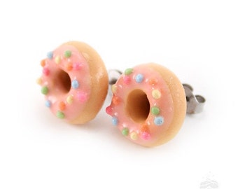 Food Jewelry Scented Sweet Pink Strawberry Icing and Colorful Sprinkles Donut Earstuds Handmade Unique Accessory