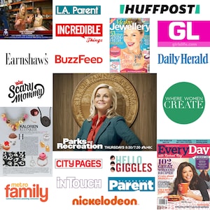 Op de afbeelding: Een collage van tijdschriftcovers met verschillende publicaties, waaronder "LA. Parent", "HuffPost", "GirlsLife", "Daily Herald", "Scary Mommy", "BuzzFeed", "Parks and Recreation", "City Pages", "Hello Giggles", "InTouch", "Minnesota Parent", "Nickelodeon" en "EveryDay with Rachael Ray".