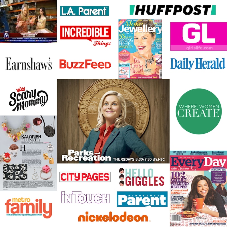 Op de afbeelding: Een collage van tijdschriftcovers met verschillende publicaties, waaronder "LA. Parent", "HuffPost", "GirlsLife", "Daily Herald", "Scary Mommy", "BuzzFeed", "Parks and Recreation", "City Pages", "Hello Giggles", "InTouch", "Minnesota Parent", "Nickelodeon" en "EveryDay with Rachael Ray".