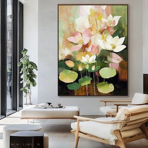 Original Green Flower Texture Oil Painting on Canvas Abstract Floral Art Green Garden Painting Lotus Texture Wall Art Boho Wall Art Decor