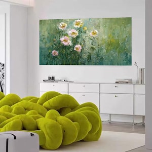 Green Minimalist Wall Art Large Green Textured Vintage Art Rose Painting Abstract Painting Rose Flower Painting Green Canvas Art Painting