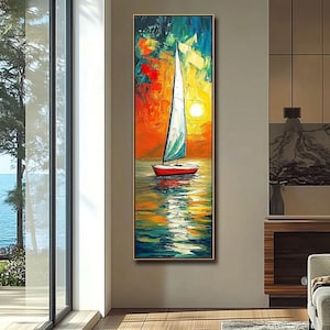 Long Narrow Painting Art, Tall Narrow Sailboat Wall Art, Vertical Wall Canvas Framed Art, Large vertical Wall Art Painting, Wall Art Decor