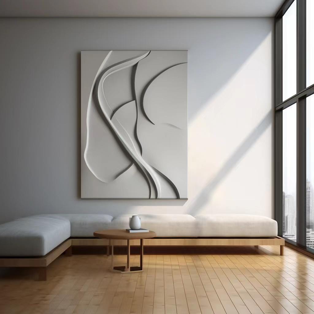 Grey wood wall hanging -Morden abstract wall art decor-wave carving sculpture-3d texture