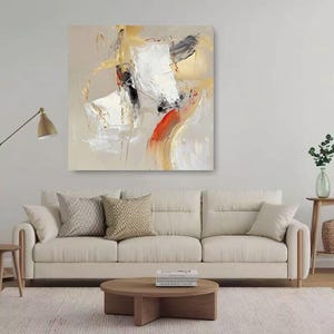 Large Abstract Oil Painting: Beige, Grey & Gold Textured Canvas Art