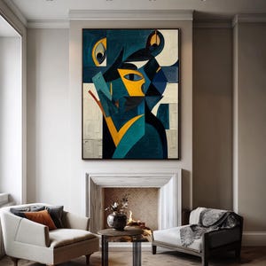 Original Figure Wall Art Minimalism Abstract Painting Green Picasso Style Colorful 3D Textured Mural Portrait Painting Lady Modern Wall Art