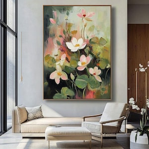 Original Painting Green Flower Texture Painting on Canvas Abstract Floral Green Garden Painting Lotus Texture Wall Art Wall Art For Bedroom