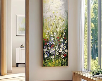 Flower Garden Tall Vertical Narrow Canvas Painting, Colorful Nature Textured Wall Art, Botanical Wall Art, Rustic Wildflowers Tall Wall Art