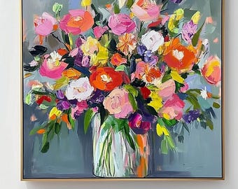 Abstract Vivid Flower Oil Painting, Vibrant Multicolored Blooms in Vase, Textured Layered Floral Art Botanical Landscape Framed Wall Art