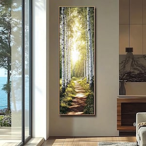Zonovergoten berkenbos canvas schilderij, kalmerende verticale muur kunst, berken verticale muur kunst, expressionisme lang smal decor