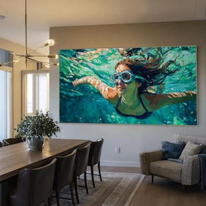 Diving in the Sea Green Ocean Painting, The Girl Swimming Art Blue Minimalist Painting, Aqua Blue Landscape Painting Holiday Style Wall Art