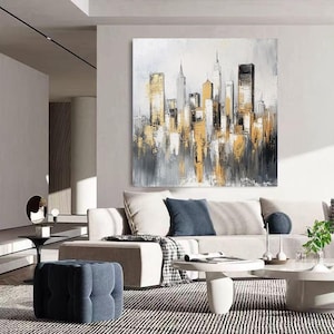 Abstract New York Cityscape Oil Painting on Canvas, Original Manhattan Canvas  Yellow Wall Art, Modern urban painting for Living Room