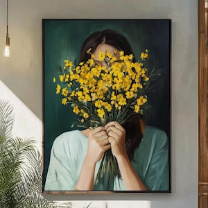 Salbei grünes abstraktes Mädchen Malerei Kunst, Frau mit gelben Blumen Minimal Japandi weibliche abstrakte Malerei, weibliche Porträt Wandkunst abstrakt