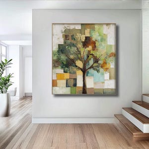 Large Original Tree Oil Painting on Canvas, Custom Boho Wall Art, Colorful Abstract Texture Green Art, Living room Home Wall Decor