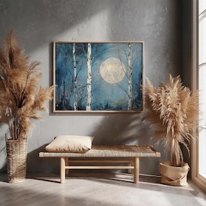Large Forest and Moon Landscape Painting on Canvas, Original Night Moon Scenery Painting on Canvas Wall Art, Modern Wall Hanging, Wall Décor