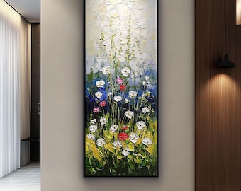 Long Narrow Flower Painting, Tall and Thin Texture wall art, Vertical Colorful Floral Wall Art, Vibrant Multicolored Blooms, Canvas Art