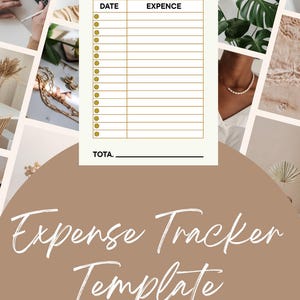 Op de afbeelding: Een sjabloon voor een onkosten tracker met een beige achtergrond en een wit onkostenblad. Het onkostenblad heeft kolommen voor datum en uitgave, met een totaalregel onderaan. De woorden "Expense Tracker Template" zijn in witte letters geschreven.